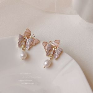 Midsummer Night Dream Silver Needle Purple Dream Butterfly Retro Earrings Gentle Fresh Water Pearl Grace Ear Studs