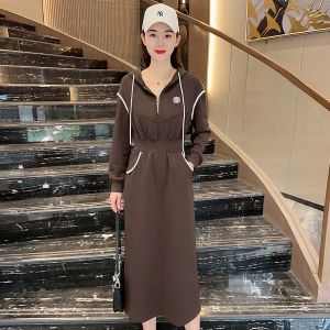 Fashionable Hooded Drawstring Casual Skirt Womens A-Line Midi Dress Slimming Waist High Waist Long Sleeve Spring Autumn