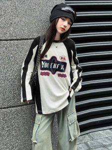 Spring 2025 Kids Contrast Color Motorcycle Style Thin T-shirt Base Shirt Casual Loose Fit Long Sleeve round Neck Letter Print