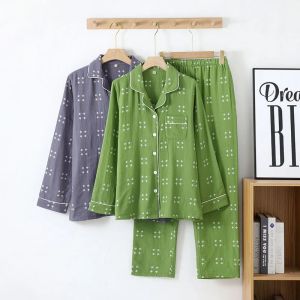 Colorful woven cotton double-layer gauze simple womens pajamas spring and autumn thin long-sleeved home pajama set
