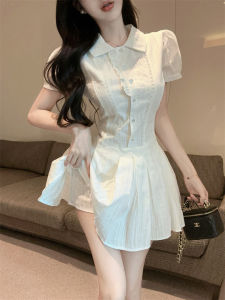GUZILIAN | Elegant White Bubble Sleeve Shirt Dress Women Summer Sweet Short Waist Cinched First Love Skirt Commute Korean Style Dress