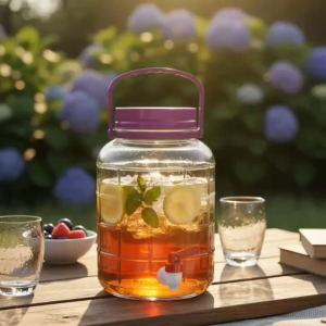 Bình Thủy Tinh Có Vòi 5 Lít Nắp Tím Cao Cấp - Bình Ngâm Đựng Nước Hoa Quả Detox