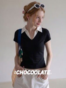 High-Grade Color Block Mock Two-Piece Collar T-Shirt Summer Slimming