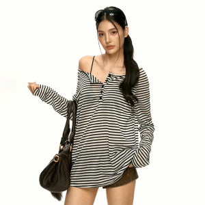 Aaisup | Áo Blouse Mỏng Hè Dáng Trễ Vai Sọc