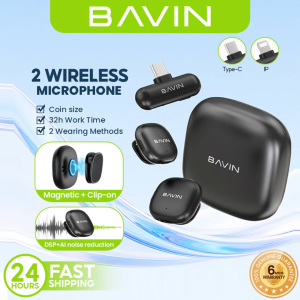 BAVIN MP105 Dual Wireless Microphone 50m Range Plug & Play w/ Case & LED 3-Mode Noise Cancellation for Type-C / iPh