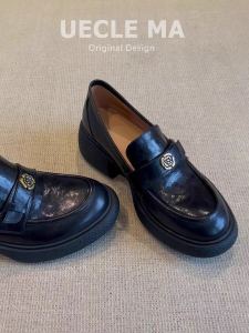 Leather~Camellia Thick Heel Loafers Womens 2025 New Style Genuine Retro Single Shoes Easy to Wear British Mini Leather Shoes
