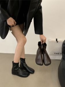 Brown Flat Bottom Mango Head Short Boots Womens Shoes Soft Leather Ugly Cute Martin Boots Korean Style Low Heel Zipper Closure