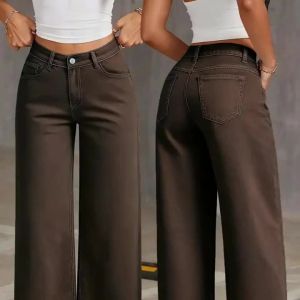 Womens Coffee Brown Wide Leg Jeans High Waisted Super Stretchy Loose Fit Denim Trousers Streetwear