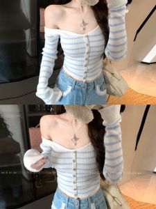 CHANGTONG | French Off Shoulder Striped Knit Top