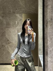 Retro Style Long Sleeve Henry Collar round Neck T-Shirt Womens Spring Autumn High Waist Fashionable Sweet Match Top