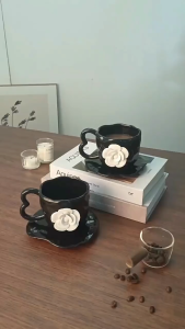 L016 Cốc Cà Phê Gốm Thủ Công Hoa Nổi Kèm Đĩa Lót – Ly Cà Phê Vintage Cao Cấp Phong Cách Sang Trọng ( Chính hãng )