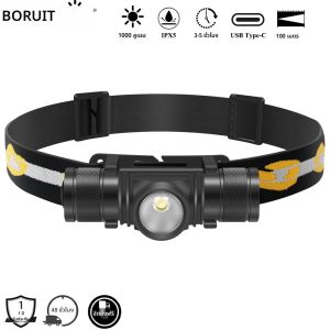 ไฟฉายคาดศีรษะ BORUiT D10 1000LM LED กำลังสูง น้ำหนักเบา ชาร์จไฟแบบ Type-C กันน้ำ เหมาะสำหรับตั้งแคมป์ ตกปลา
