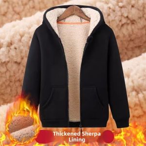 Lamb Velvet Hooded Jacket Thickened Fleece Autumn Winter Mens Casual Loose Fit Sweatshirt Style Workwear Vintage Heavyweight