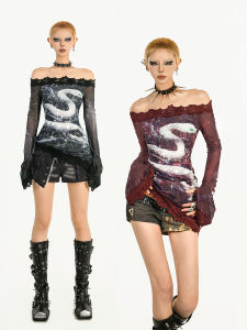 AmericanDesignedLongSleeveNetT-ShirtWomen2025SnakeYearPrintPatternOneShoulderTopNicmollyBrandCreativeSummerStyle