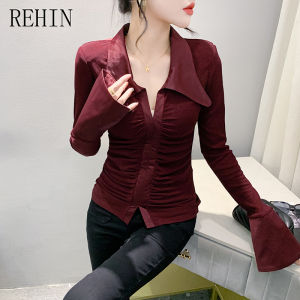 REHIN Autumn and winter new fashion splicing flared sleeve long-sleeved T-shirt niche design Slim bottoming women blouse