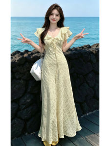 Y6Y | Đầm Maxi Hoa Tay Bồng Màu Vàng