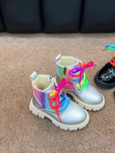 Winter Girls New Colorful Short Boots Fashion Children British Banquet Party Lace Leather Shoes Kids Versatile Thick Bottom Boot