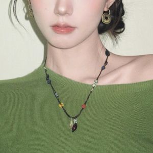 สร้อยคอแบบถักด้วยมือจากหินธรรมชาติสไตล์ย้อนยุค เครื่องประดับแฟชั่นสำหรับผู้หญิง สร้อยคอสั้นแบบลำลอง โซ่สาน