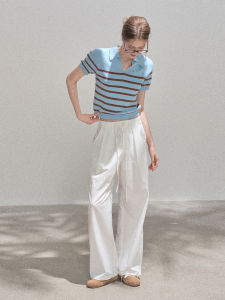 Blue Striped Short Sleeve Polo Shirt Knitted T-Shirt Womens Summer Slim Fit Shoulder College Style Top Quality Ladies Fashion