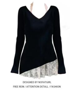 Cỡ Lớn Ren Viền Cổ Chữ V Bất Đối Xứng Màu Đen Áo Len Dệt Kim Nữ Bộ Hai Mảnh Cổ Treo Kiểu Lười Biếng Thiết Kế Thời Trang Sành Điệu
