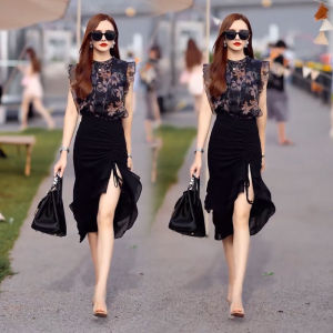 Internet Celebrity Graceful Fashionable Set Female Summer New Floral Pullover Sleeveless Shirt Black Western Style Ruffles Skirt