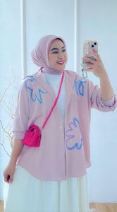 Kemeja Wanita Korean Style BigSize Recta Terbaru Kemeja Bordir Hitam Putih Navy Pink Jumbo
