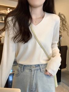 Áo Len Dệt Kim Cổ Chữ V Dài Tay Rộng Rãi Cho Nữ Áo Lót Mùa Xuân Thu Mới Áo Len Cardigan Màu Trắng Áo Sơ Mi Nữ