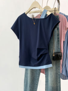 YIFENGXIN | Blue Draped Asymmetric Off-Shoulder Fitted Top
