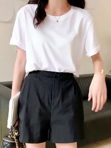 <1122> Lengan Pendek Kapas Tulen T a Korea Asas Longgar Wanita Musim Panas Baru chic Borong Pakaian Wanita Putih Lengan Tengah T Baju