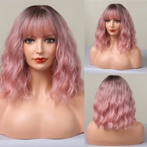 Short Wavy Synthetic Natural Wig Pink Red Ombre Cosplay Hair Wigs for Women with Bangs Dark Root Daily Lolita Wig Heat Resistant