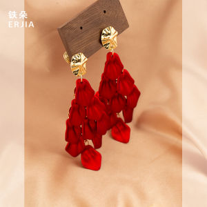 Elegant Long Red Tassel Drop Earrings: A No-Piercing Required Geometric Design
