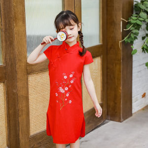 Rolanko Girls Cheongsam Chinese Style New Years Traditional Dress Flower Print Sleeveless Kids Retro Qipao Summer Princess Costume for School Party