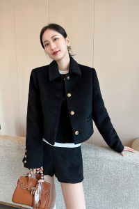 เสื้อสูทผ้าขนสัตว์สีดำสไตล์ Hepburn ทรงสั้น ทรงเข้ารูป ดีไซน์เก๋ไก๋ สำหรับใส่ไปทำงานในฤดูใบไม้ร่วง 2025 ใหม่