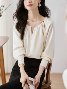 Elegant French Style Womens Shirt Spring Summer 2025 New Design Sensation Slimming Top Soft Satin Long Sleeve round Neck