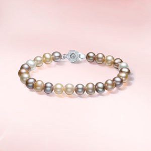 ZHOU LIU FU 周六福 S925 Sterling Silver Natural Colorful Freshwater Pearl Bracelet 7-8mm Mixed Purple/Yellow/White Pearls Dainty Jewelry for Women 17CM X1913406