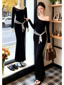 XIYUQI | Elegant Fall Waist-Cinching Bodycon Dress Slash Neck Long Sleeve