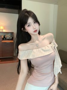 GUZILIAN | Pink Plaid Short Sleeve One Shoulder Fake Two-Piece T-Shirt Womens Summer Beautiful Spicy Girl Unique Cute Small Top