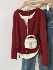 Loose Knitted Long Sleeve Sweater Outerwear for plus Size Women Autumn Winter Fashion Commute Style Creative Pattern Red Color