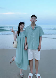 Sanya Travel Couple Wear Summer Clothing Short Sleeve Shirt Seaside Vacation Style Mint Mambo Female Dress One Dress