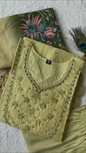 [PRE ORDER : 10 DAYS] Fully Stitched Women’s Mul Chanderi Kurta Set | Roman Silk Bottom | Heavy Jacquard Dupatta - Elaichi | M (38) through XXL (44) | RK-409