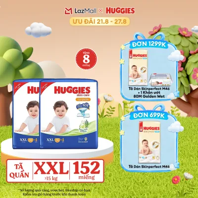 [17-24.08 GIẢM THÊM 90K] Combo 2 Gói Tã/bỉm quần HUGGIES SKINCARE MEGA JUMBO size XXL76+4 miếng