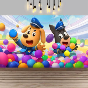 Cartoon SafetySheriff Labrador Theme Happy Birthday Background Dog Kids Birthday Party Decoration Banner Photography Props
