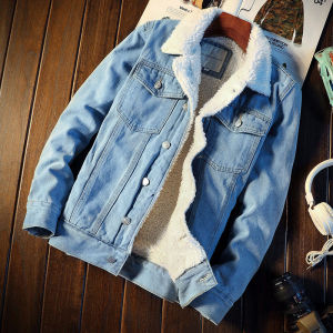 Winter Thickened Fleece Lined Light Blue Mens Denim Jacket Korean Style Trendy Lamb Velvet Jacket Retro Japanese Style Top