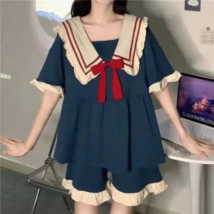 Plus Size Pajamas Sweet Womens Homewear Doll Neck Girls Pajamas Kawaii Dress Solid Color Short Sleeve Shorts 2PCS/Set Student