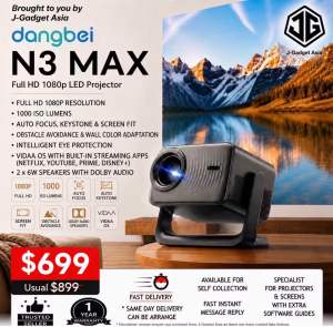 Dangbei N3 Max Full HD 1080p LED Smart Projector 1000 ISO Lumens VIDAA OS with Official Netflix 180° Rotatable Stand Auto Focus & Keystone Correction 4K Decoding (1 Year Warranty)