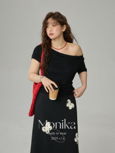MONIKADM | Áo Thun Cổ Không Đối Xứng Phong Cách Pháp Dành Cho Phụ Nữ Plus Size
