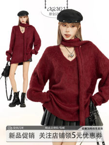 Christmas Red V-Neck Hooded Mink Knitwear Loose Comfortable Autumn Winter Outerwear Womens Long Sleeve round Neck Sweater