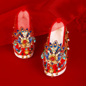 Elegant Red Wedding Shoes I July Lotus Original I Imitation Chengzhi Phoenix Silk Brocade Shoes for Bride Chinese Style