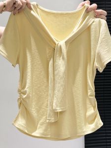 Áo Thun Nữ Tay Ngắn Màu Vàng Mùa Hè 2025 Phong Cách Hàn Quốc Thiết Kế Giả Hai Mảnh Áo Khoác Vai Cao Cấp Của Hangzhou