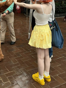 Yellow Floral Print Puffy Half-length Skirt with Bow-knot Belt High-waist Design for Plus-size Women Gentlewoman Style Summer Short Skirt